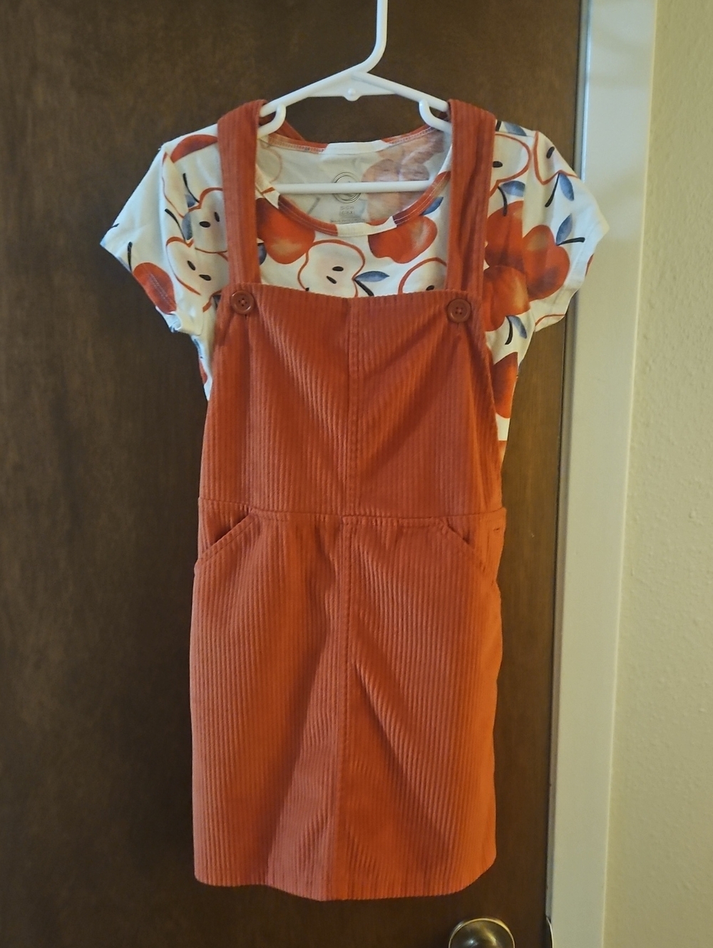 wonder nation Rust Corduroy Overall Dress with Apple Tee